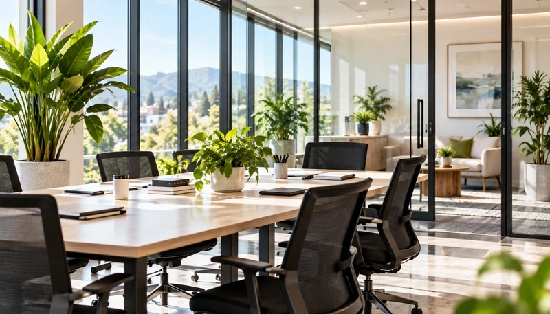 Clean office meeting area with a wooden table and chairs beside large windows
