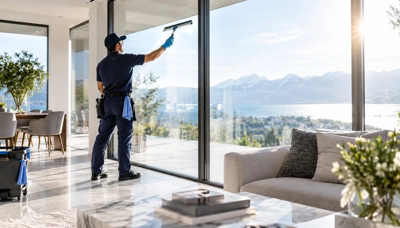 Cleaner using a squeegee on a large window beside a living area